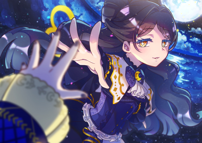 +_+ 2girls ascot black_hair blue_shirt blurry blurry_foreground blush capelet clouds constellation crescent drill_hair flying full_moon gold_trim hair_intakes highres kagayaki_eve kiratto_pri_chan long_hair long_sleeves looking_at_viewer luluna_(pri_chan) moon moukinui multiple_girls night night_sky open_mouth outdoors outstretched_arm parted_lips pov pov_hands pretty_series shirt sky smile solo_focus star_(sky) starry_sky very_long_hair wavy_hair white_ascot white_capelet yellow_eyes