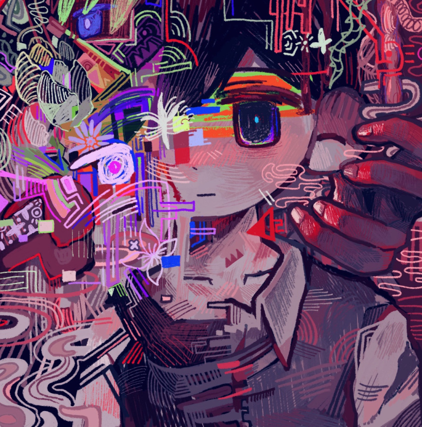 1boy abstract_background aqua_pupils arms_at_sides bare_arms bare_shoulders black_eyes black_hair black_sweater_vest black_tank_top bright_pupils closed_mouth collarbone collared_shirt colored_skin expressionless fingernails glitch hair_behind_ear hair_between_eyes omori omori_(omori) shirt short_hair sunny_(omori) sweater_vest tank_top uminosoko44 white_shirt white_skin