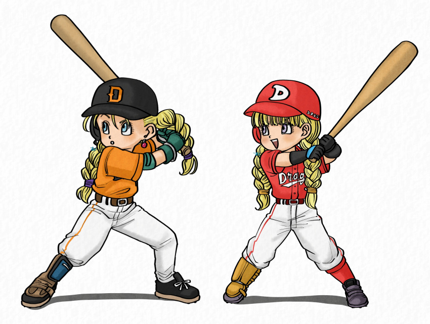 2girls aged_down alternate_costume baseball baseball_bat baseball_cap baseball_uniform belt belt_buckle bianca_(dq5) black_gloves black_hat blonde_hair blue_eyes blunt_bangs braid buckle child commentary_request dragon_quest dragon_quest_v dragon_quest_xi earrings full_body gloves green_gloves hat highres holding holding_baseball_bat in-franchise_crossover jewelry light_blush long_hair looking_to_the_side multiple_girls okita_(sukult_4) open_mouth orange_shirt pants parted_lips red_hat red_shirt shirt short_sleeves sportswear standing twin_braids veronica_(dq11) violet_eyes white_background white_pants
