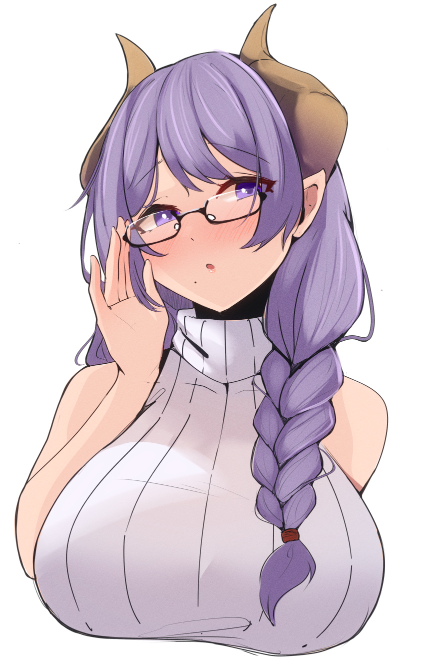 1girl absurdres adjusting_eyewear bespectacled black-framed_eyewear blush braid breasts brown_horns commentary_request demon_girl demon_horns glasses grey_sweater highres horns large_breasts long_hair looking_at_viewer maruneco medium_bangs mole mole_under_mouth nanashi_inc. open_mouth purple_hair saionji_mary side_braid simple_background single_braid sleeveless sleeveless_turtleneck solo sweater turtleneck turtleneck_sweater upper_body violet_eyes virtual_youtuber white_background