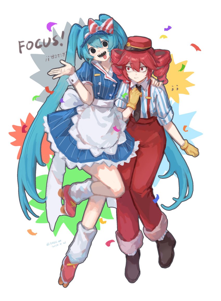 2girls absurdres apron black_eyes black_footwear black_necktie blue_dress blue_hair bow buttons collared_shirt diagonal-striped_bow double-breasted dress drill_hair english_text full_body gloves hair_between_eyes hat hatsune_miku highres kasane_teto long_hair mesmerizer_(vocaloid) multiple_girls necktie open_mouth pants puffy_short_sleeves puffy_sleeves red_eyes red_footwear red_hat red_pants redhead roller_skates sang_yu_qwq sharp_teeth shirt short_sleeves skates smile socks striped_clothes striped_dress striped_shirt suspenders teeth tongue tongue_out twin_drills twintails utau vertical-striped_clothes vertical-striped_dress vertical-striped_shirt visor_cap vocaloid waist_apron waitress white_apron white_shirt white_socks white_wrist_cuffs wrist_cuffs yellow_gloves