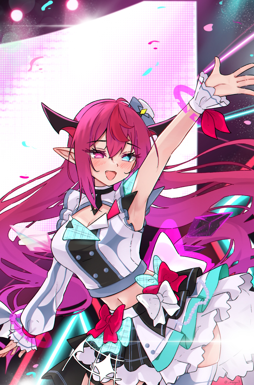 1girl arm_up armpits blue_eyes bow fang heterochromia highres hololive hololive_english hololive_idol_uniform_(bright) horns irys_(hololive) long_hair magui3 midriff navel pointy_ears purple_hair single_sleeve skirt violet_eyes virtual_youtuber wrist_cuffs