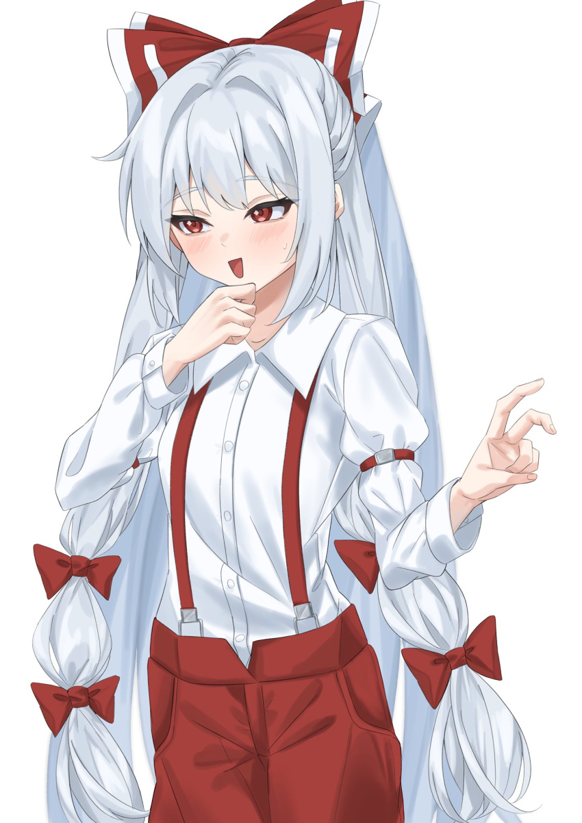 1girl blush bow breasts collared_shirt commentary fujiwara_no_mokou hair_bow hair_intakes hand_on_own_chin highres long_hair long_sleeves looking_to_the_side multiple_hair_bows open_mouth pants pocket raised_eyebrows ramiki red_bow red_eyes red_pants shirt simple_background sleeve_garter small_breasts smile solo suspenders touhou v very_long_hair white_background white_hair white_shirt