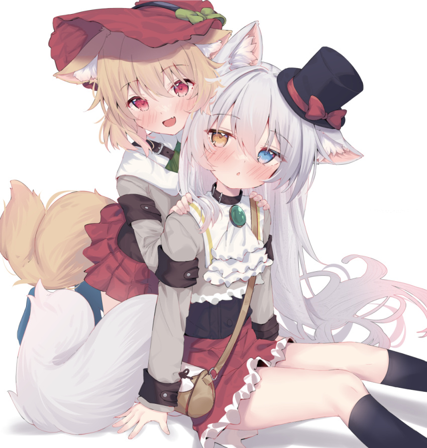2girls :d animal_ear_fluff animal_ears bag belt_collar black_corset black_hat black_socks blonde_hair blue_eyes blush bow brooch collar corset eip_(pepai) fang fox_ears fox_tail green_brooch grey_hair grey_shirt hand_on_another's_shoulder hat heterochromia jewelry kneehighs long_hair looking_at_viewer mini_hat multiple_girls open_mouth original pleated_skirt red_bow red_eyes red_hat red_skirt shirt shoulder_bag simple_background sitting skirt smile socks tail top_hat white_background yellow_eyes