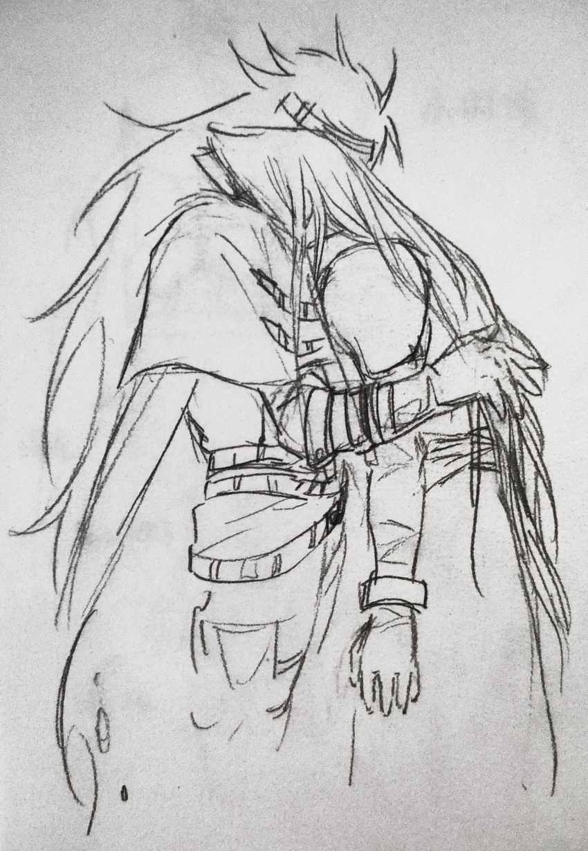 2boys absurdres arms_around_back belt cape cropped_legs final_fantasy final_fantasy_vii gloves graphite_(medium) hand_up head_on_another's_shoulder headband highres hug long_hair male_focus monochrome multiple_belts multiple_boys pants parted_bangs photo_(medium) sad sanqigouyan sephiroth sketch traditional_media upper_body very_long_hair vincent_valentine
