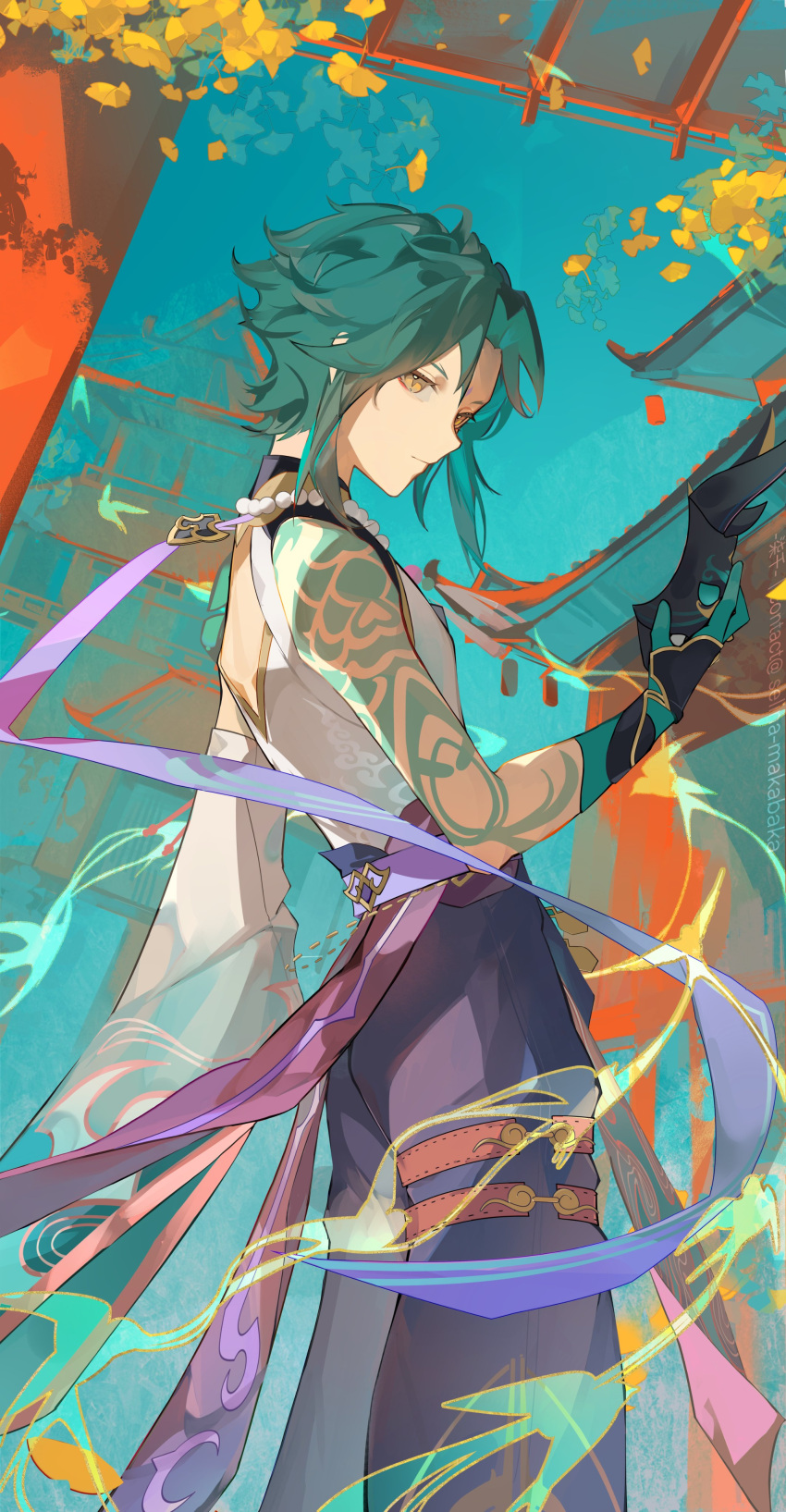 1boy absurdres ahoge aqua_gloves architecture arm_tattoo armor artist_name belt black_mask blue_hair blue_sky closed_mouth day detached_sleeves diamond-shaped_pupils diamond_(shape) east_asian_architecture eyeshadow facial_mark forehead_mark genshin_impact ginkgo_leaf gloves gold_trim hair_between_eyes hand_up highres holding holding_mask jewelry leaf long_sleeves looking_at_viewer makeup male_focus mask necklace outdoors pagoda pants pearl_necklace purple_belt purple_pants red_eyeshadow selina_makabaka shirt short_hair shoulder_armor sidelocks single_bare_shoulder single_detached_sleeve sky sleeveless sleeveless_shirt solo standing symbol-shaped_pupils tattoo white_shirt wide_sleeves xiao_(genshin_impact) yellow_eyes
