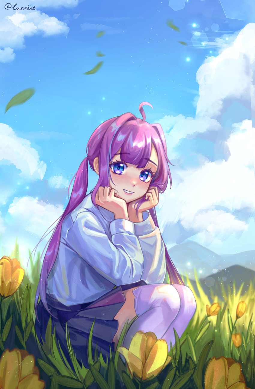1girl absurdres ahoge art_trade black_skirt blue_eyes blue_sky borrowed_character clouds commentary english_commentary flower grass hair_intakes hexagon highres leaf lens_flare mountain original parted_lips pleated_skirt purple_hair sidelocks skirt sky smile solo squatting thigh-highs twintails white_thighhighs yami_(eunriie)