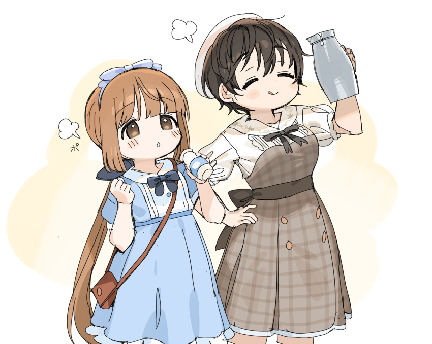 2girls :q black_hair black_ribbon blue_dress blue_headband blunt_bangs bottle brown_bag brown_dress brown_eyes brown_hair buttons clenched_hand closed_eyes collar commentary_request dress gingham_dress hand_on_own_hip hand_up happy headband highres holding holding_bottle holding_pitcher idolmaster idolmaster_cinderella_girls long_hair looking_afar milk milk_bottle multiple_girls oikawa_shizuku open_mouth pitcher_(container) ponytail puff_of_air ribbon short_hair short_sleeves shoulder_strap simple_background spawnfoxy tongue tongue_out translated white_background white_beret white_collar white_trim yorita_yoshino