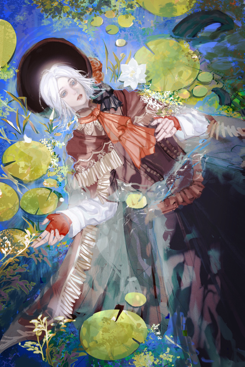 1girl absurdres ascot bloodborne blue_eyes bonnet brown_capelet brown_dress capelet colored_eyelashes cowboy_shot doll_joints dress expressionless fingerless_gloves flower fringe_trim gloves hand_on_own_chest hat hat_flower highres joints lily_pad long_sleeves looking_at_viewer parted_lips partially_submerged plain_doll red_ascot red_gloves red_hat red_lips sadchunchun short_hair solo water white_flower white_hair