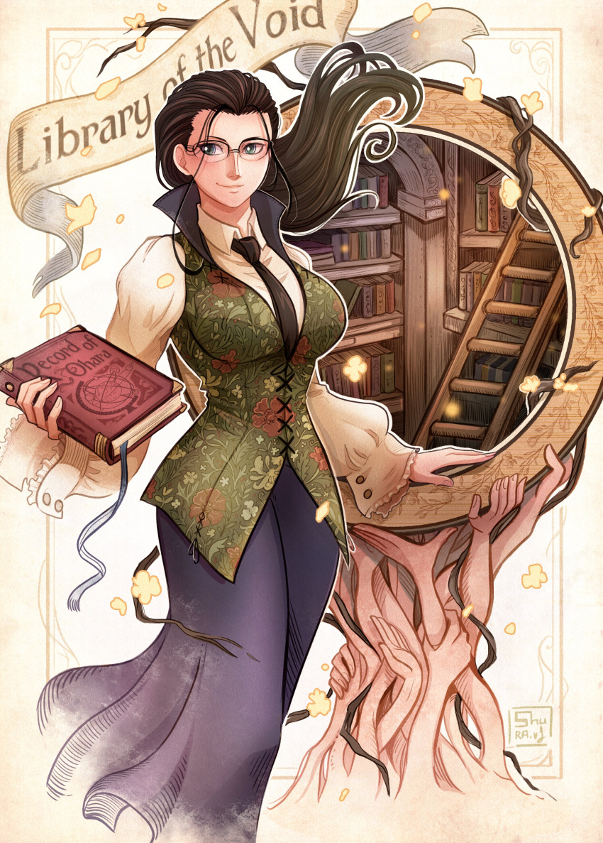 1girl absurdres black_hair black_necktie blue_skirt book bookshelf closed_mouth cross-laced_vest english_commentary extra_arms feet_out_of_frame floating_hair glasses green_vest highres holding holding_book long_skirt looking_to_the_side necktie nico_robin one_piece ponytail puffy_sleeves shirt shuravf sidelocks skirt smile solo vest watermark white_shirt