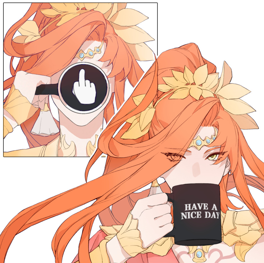1girl azeyma chinese_commentary circlet commentary_request covered_face covered_mouth cup earrings eyes_visible_through_hair final_fantasy final_fantasy_xiv floating_hair high_ponytail highres holding holding_cup jewelry laurel_crown long_bangs long_hair looking_at_viewer middle_finger mug orange_hair ponytail portrait sequential simple_background single_earring swept_bangs white_background wo_dou_gao_shi'er_shennu yellow_eyes