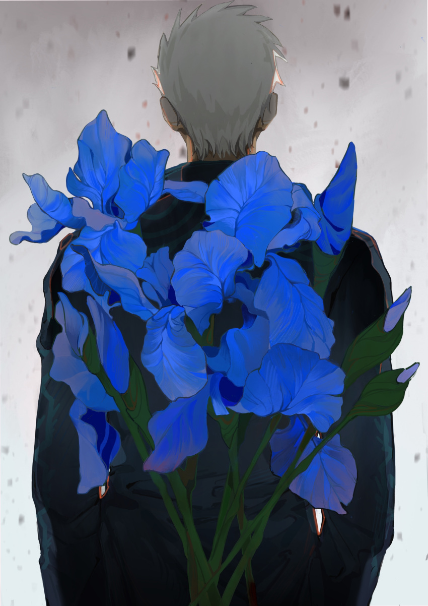 1boy absurdres black_coat blue_flower bouquet chinese_commentary coat commentary_request debris devil_may_cry_(series) flower from_behind grey_background grey_hair highres lajiren247 long_sleeves male_focus short_hair solo upper_body vergil_(devil_may_cry)