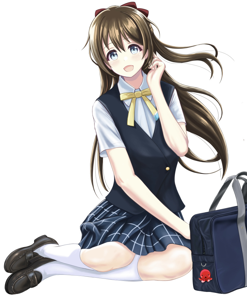 1girl :d absurdres animal_charm bag black_footwear blue_bag blue_eyes blue_shirt blue_vest blush bow brown_hair collared_shirt commentary dress_shirt full_body hair_between_eyes hair_bow half_updo hand_up highres kneehighs loafers long_hair looking_at_viewer love_live! love_live!_nijigasaki_high_school_idol_club miniskirt neck_ribbon nijigasaki_school_uniform open_mouth osaka_shizuku plaid_clothes plaid_skirt pleated_skirt red_bow ribbon school_bag school_uniform shirt shoes short_sleeves sidelocks simple_background sitting skirt smile socks solo split_mouth summer_uniform vest white_background white_shirt white_socks yellow_ribbon yokozuwari zaofeng