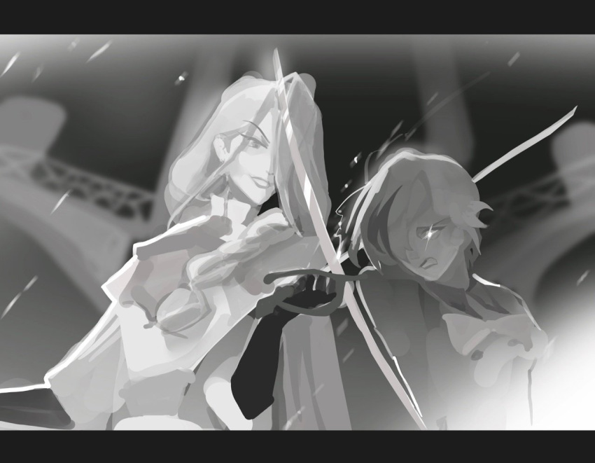2girls arlecchino_(genshin_impact) clenched_teeth commentary crucabena_(genshin_impact) derivative_work genshin_impact gloves greyscale grin hair_over_one_eye holding holding_sword holding_weapon letterboxed long_hair monochrome multiple_girls narsa screenshot_redraw shirt smile sword teeth upper_body weapon