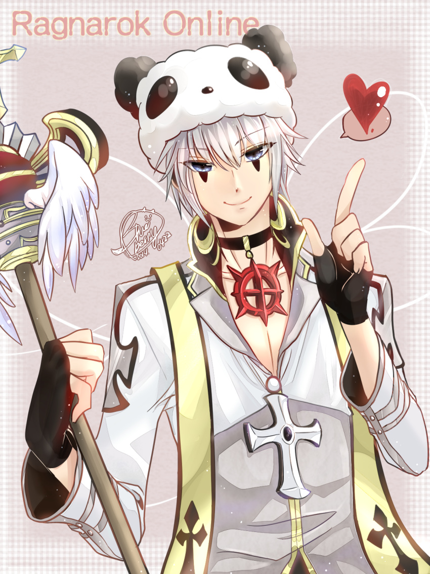 1boy arch_bishop_(ragnarok_online) black_choker black_gloves brown_background chinese_commentary choker closed_mouth coat commentary_request copyright_name cropped_jacket cross_of_prontera dated facepaint fingerless_gloves gloves grey_coat grey_eyes grey_hair hair_between_eyes heart highres holding holding_staff index_finger_raised jacket lanmei_jiang long_sleeves looking_at_viewer male_focus medium_bangs panda_hat ragnarok_online short_hair signature smile solo spoken_heart staff upper_body white_jacket