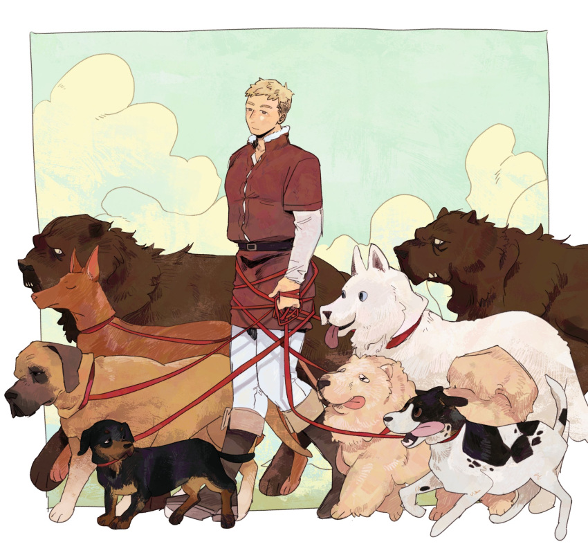 1boy blonde_hair boots bound brown_eyes brown_footwear closed_mouth clouds dog dungeon_meshi english_commentary full_body green_background green_sky highres holding holding_leash laios_touden leash long_sleeves looking_at_viewer male_focus multiple_dogs pet_walking short_hair tied_up_(nonsexual) too_many too_many_dogs undercut very_short_hair walking ylisseantactics