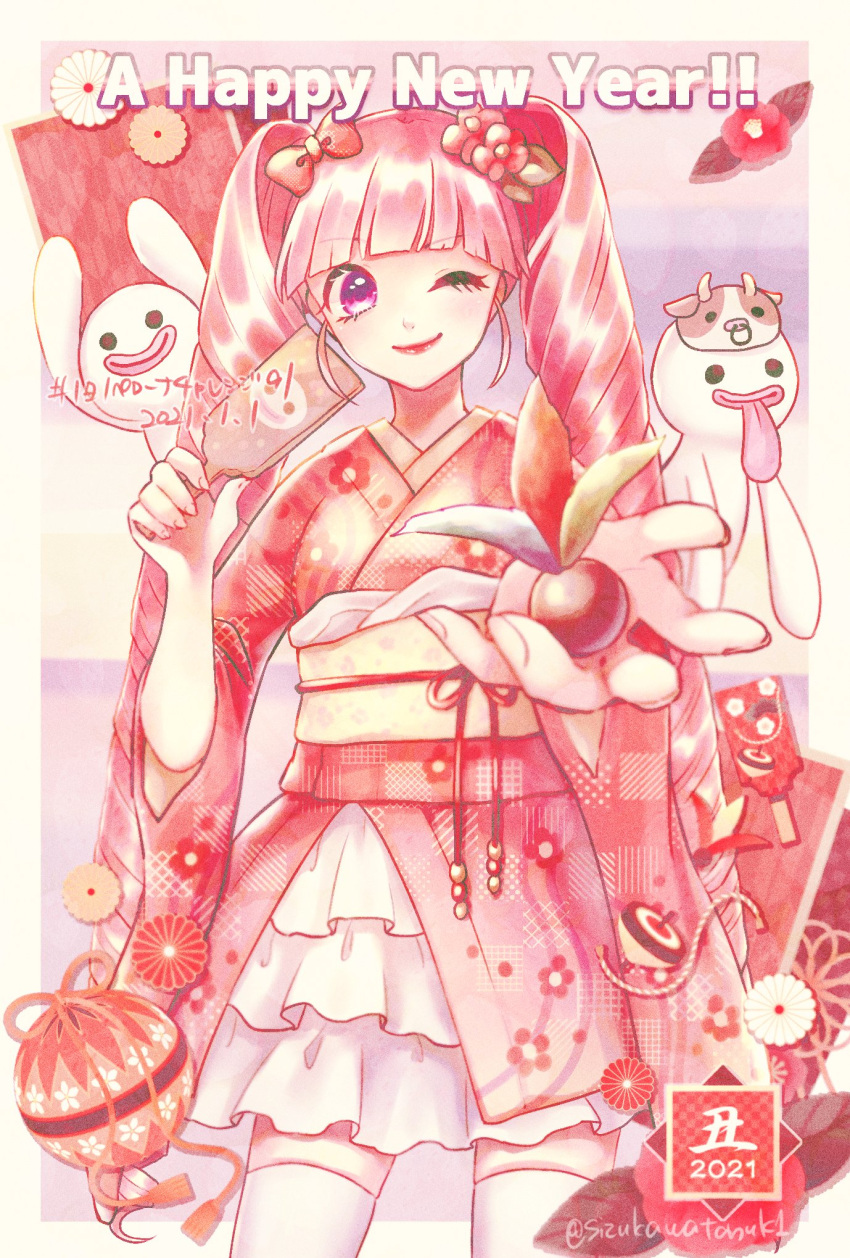 1girl 2021 blunt_bangs commentary_request cowboy_shot dated floral_print_kimono flower ghost happy_new_year highres holding japanese_clothes kimono long_sleeves looking_at_viewer obi one_eye_closed one_piece paddle perona pink_hair pink_theme sash short_kimono sizukawatanuk1 solo spinning_top thigh-highs tongue tongue_out twintails twitter_username white_thighhighs wide_sleeves