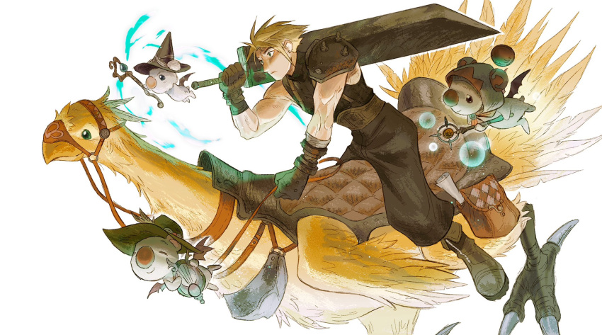 1boy armor bird blonde_hair blue_eyes boots buster_sword chocobo closed_mouth cloud_strife cosplay creature english_commentary final_fantasy final_fantasy_vii final_fantasy_vii_remake gloves highres holding holding_reins holding_staff holding_sword holding_weapon kenesu male_focus moogle reins riding riding_bird saddle shirt short_hair shoulder_armor single_shoulder_pad sleeveless sleeveless_turtleneck smile spiky_hair staff suspenders sword turtleneck weapon white_background white_mage_(final_fantasy) white_mage_(final_fantasy)_(cosplay)