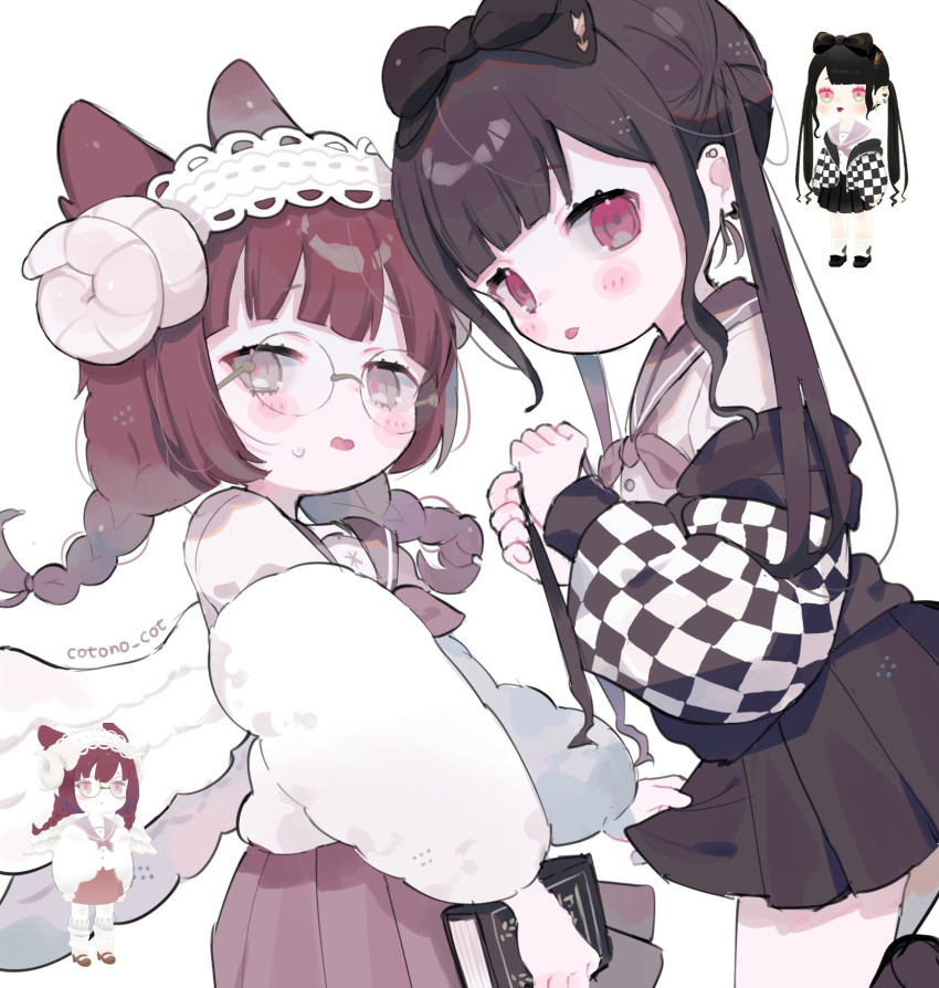 2girls :p artist_name black_footwear black_skirt black_sweater blunt_bangs blush book bow bowtie braid checkered_print child cotono_(nazekun) cowboy_shot curled_horns floating_hair grey_eyes hands_up highres holding holding_book horns inset layered_sleeves looking_at_viewer multiple_girls off-shoulder_sweater off_shoulder original parted_lips pleated_skirt red_bow red_bowtie red_eyes red_skirt redhead round_eyewear sailor_collar shirt skirt skirt_hold sleeve_cuffs standing sweatdrop sweater tongue tongue_out twin_braids twintails white_horns white_shirt