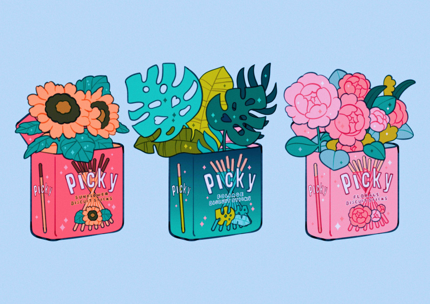 absurdres blue_background brand_name_imitation english_text flower food highres leaf meyoco monstera_deliciosa no_humans original peony_(flower) plant pocky simple_background sparkle sunflower