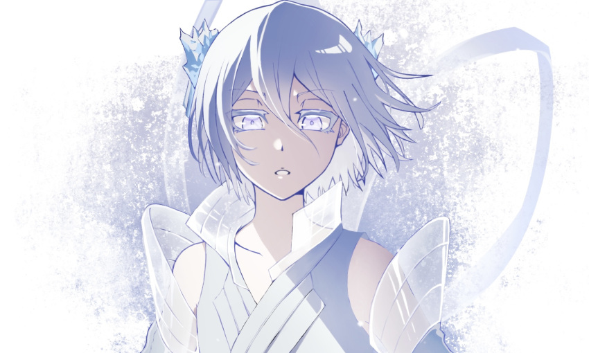 1girl bankai bare_shoulders bleach bleach:_sennen_kessen-hen bright_pupils collared_dress colored_eyelashes commentary double-parted_bangs dress expressionless floating_hair hair_between_eyes hair_ornament hakka_no_togame_(bankai) highres ice kuchiki_rukia looking_at_viewer parted_lips ribbon short_hair sidelighting simple_background solo sumire_1046 upper_body violet_eyes white_background white_dress white_hair white_ribbon