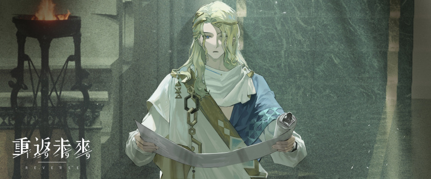 1boy 6_(reverse:1999) ancient_greek_clothes blonde_hair blue_eyes brazier circlet colored_eyelashes copyright_name eyelashes fire greco-roman_clothes hair_over_one_eye highres himation holding holding_scroll indoors logo long_hair long_sleeves male_focus official_art open_mouth pale_skin reading reverse:1999 scroll solo upper_body