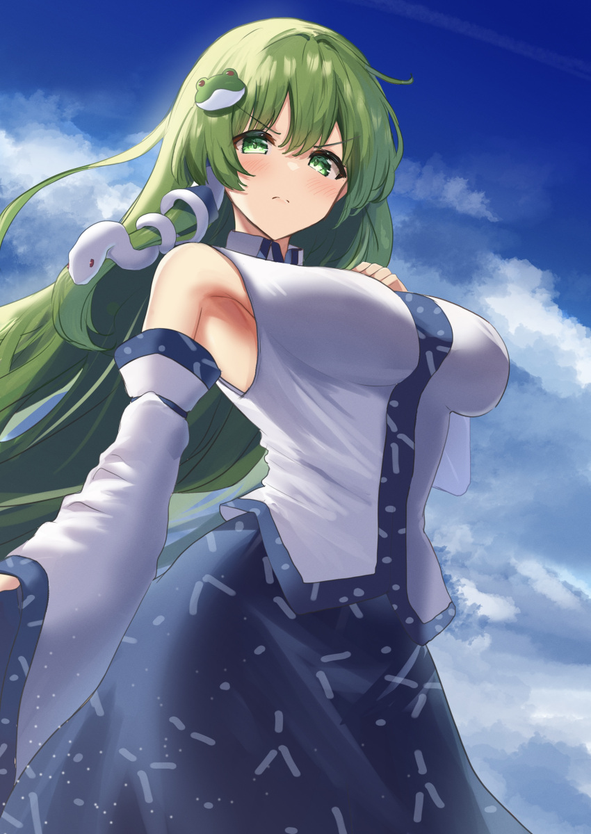 &gt;:( 1girl absurdres armpits bare_shoulders blue_skirt blue_sky blush breasts bright_pupils closed_mouth clouds collared_shirt commentary cowboy_shot day detached_sleeves eyes_visible_through_hair floating_hair frog_hair_ornament green_eyes green_hair hair_between_eyes hair_ornament hand_up highres kochiya_sanae large_breasts long_hair long_sleeves mino_(minori) outdoors serious shirt sidelighting sidelocks skirt sky sleeveless sleeveless_shirt snake_hair_ornament solo split_mouth touhou tsurime v-shaped_eyebrows very_long_hair white_shirt wide_sleeves wind