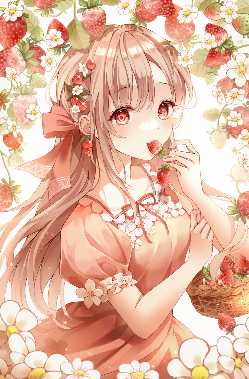1girl absurdres basket bow bowtie breasts caron dress earrings eating flower food fruit fruit_basket hair_between_eyes hair_bow hair_flower hair_ornament hair_over_shoulder hand_on_own_chest hand_up highres holding holding_basket holding_food holding_fruit ichigo_(darling_in_the_franxx) jewelry leaf long_hair looking_to_the_side medium_breasts orange_dress original red_eyes short_sleeves standing strawberry very_long_hair white_background wildberry