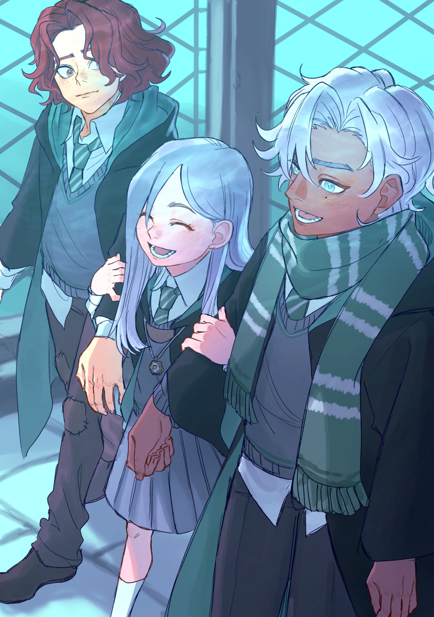 1girl 2boys absurdres black_pants black_robe brown_eyes cardigan closed_mouth collared_shirt commentary_request daniel_page dark-skinned_male dark_skin green_eyes green_scarf grey_cardigan grey_hair grey_skirt harry_potter:_magic_awakened highres hogwarts_school_uniform holding_another's_arm hood hood_down hooded_robe indoors ivy_warrington long_hair long_sleeves lower_teeth_only mole mole_under_eye multiple_boys open_clothes open_robe pants pleated_skirt redhead robe scarf school_uniform shirt skirt slytherin smile teeth uniform user_yxtk5473 wavy_hair white_hair white_shirt window wizarding_world