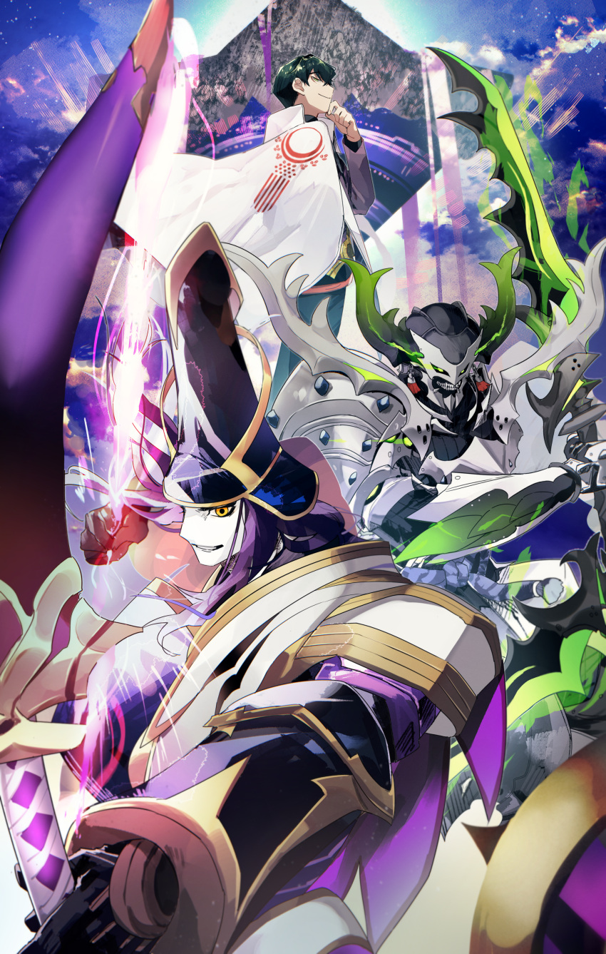 3boys absurdres armor armored_gloves armored_legwear black_hair black_shirt bow coat collared_shirt colored_skin fake_horns fate/grand_order fate_(series) fire green_eyes green_fire hat hattori_takeo_(fate) helmet highres horned_helmet horns imagawa_yoshimoto_(fate) itou_kashitarou_(fate) jacket japanese_armor japanese_clothes long_hair long_sleeves looking_at_viewer mask multiple_boys pale_skin purple_fire purple_hair purple_jacket shirt short_hair smile spiked_gauntlets sword weapon white_coat white_skin yellow_eyes yuu_(areruya)