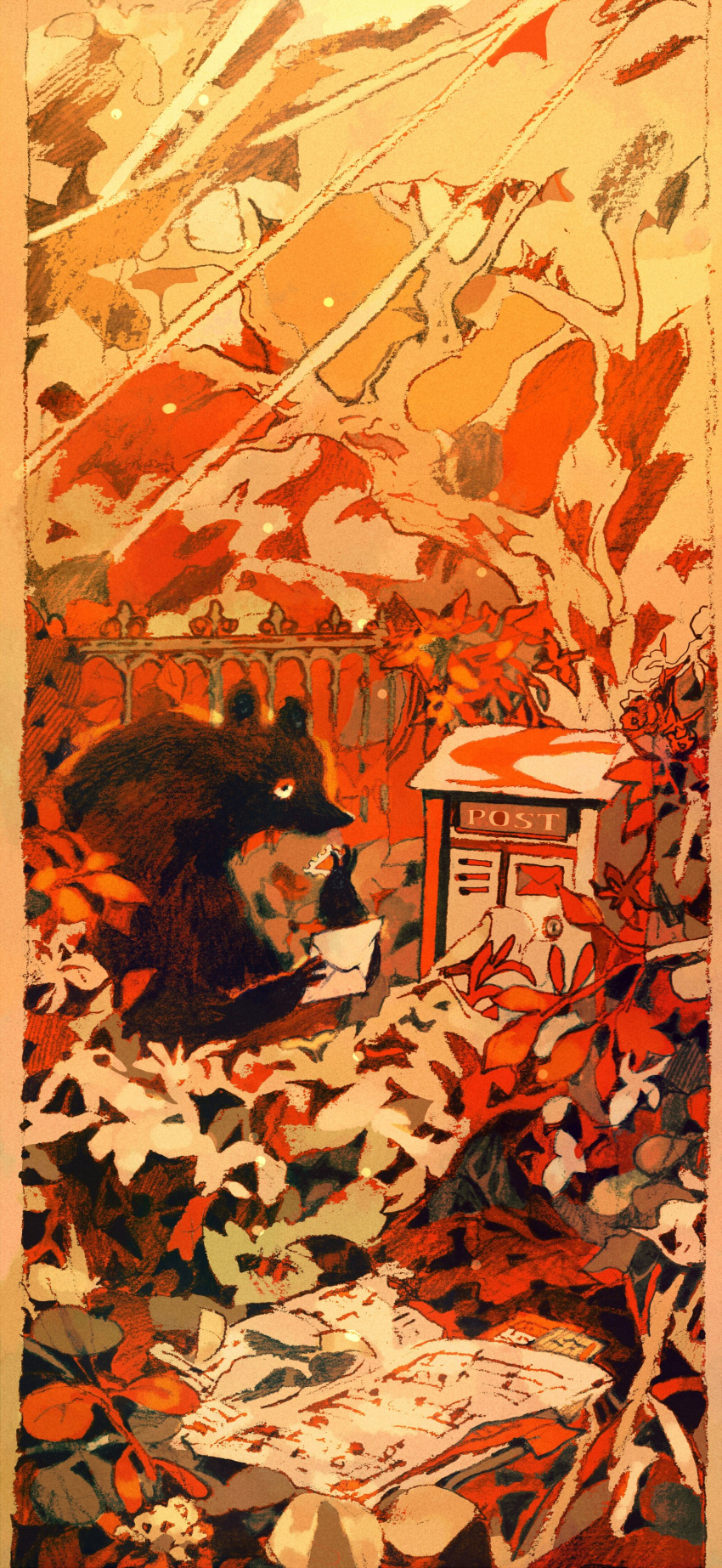 abstract absurdres analogous_colors bear black_bear black_fur border day foliage highres holding holding_letter ivy_teas letter limited_palette no_humans original outdoors postbox_(outgoing_mail) railing scenery tree wide_shot yellow_border