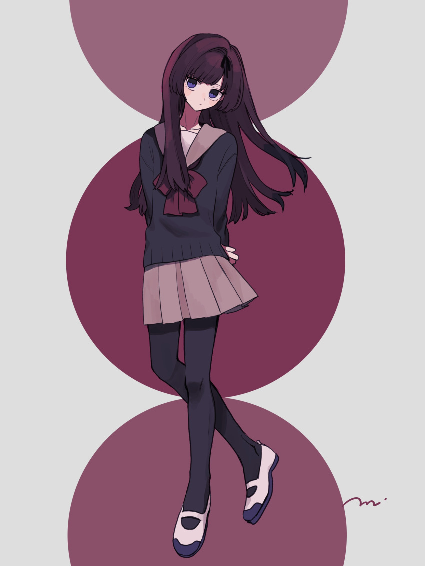 1girl arms_behind_back black_cardigan black_pantyhose black_sweater blunt_bangs bow brown_hair brown_skirt cardigan closed_mouth full_body grey_background head_tilt highres long_hair long_sleeves looking_at_viewer maco22 original pantyhose pleated_skirt purple_background red_bow sailor_collar school_uniform serafuku shoes signature skirt solo standing sweater two-tone_background uwabaki violet_eyes white_footwear