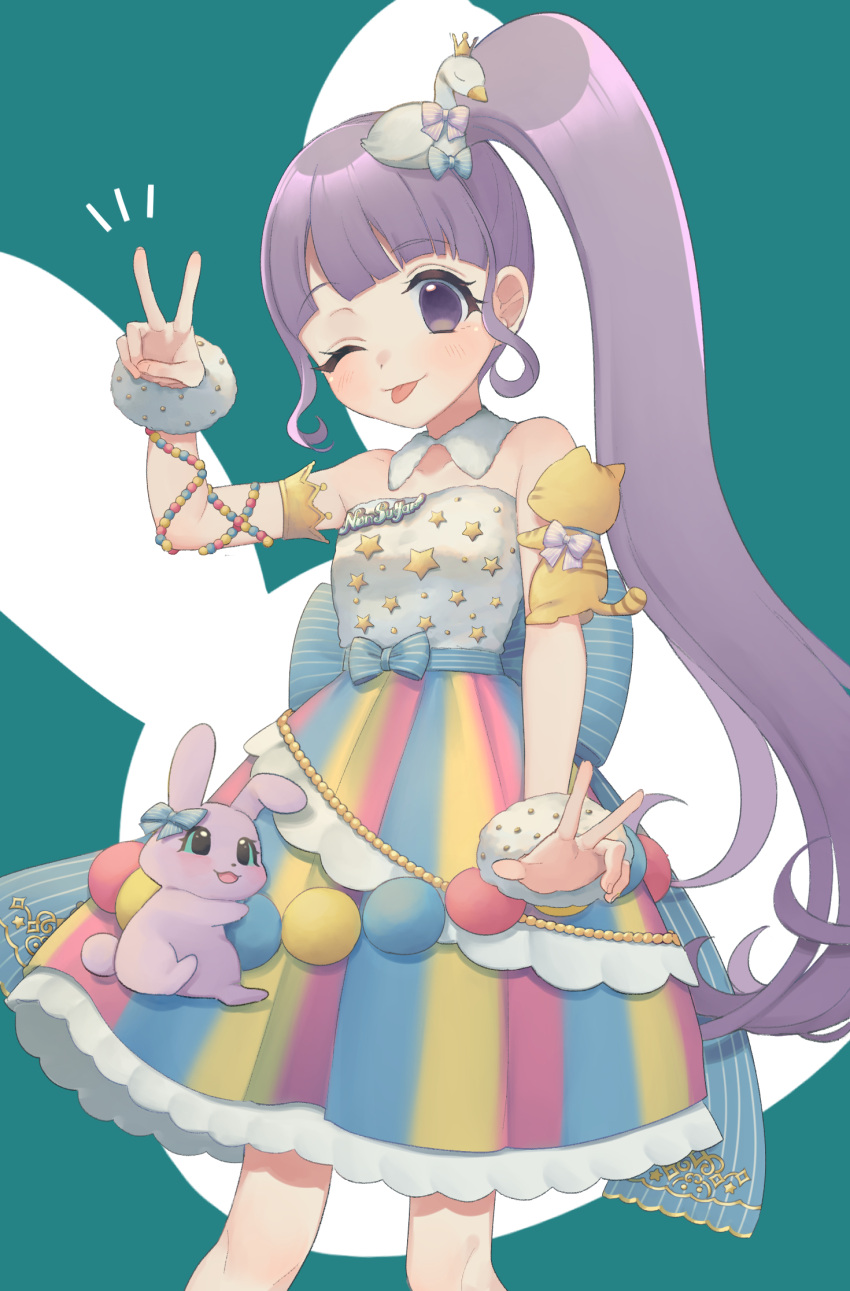 1girl ;p bad_id bad_twitter_id bird_hair_ornament blunt_bangs cowboy_shot detached_collar dress group_name hair_ornament hand_up highres long_hair looking_at_viewer manaka_non notice_lines one_eye_closed pretty_series pripara purple_hair shiyurinpu side_ponytail smile solo standing star_(symbol) star_print strapless strapless_dress tongue tongue_out v very_long_hair violet_eyes w