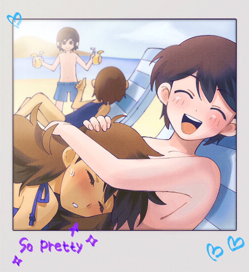 2boys 2girls arrow_(symbol) aubrey_(faraway)_(omori) aubrey_(omori) beach black_hair blue_one-piece_swimsuit blue_swim_trunks blush brown_hair child closed_eyes closed_mouth clouds collarbone cup dark-skinned_female dark_skin drinking_straw english_text facing_viewer food fruit genderswap genderswap_(ftm) genderswap_(mtf) hair_behind_ear hair_between_eyes hand_on_another's_head heart hero_(faraway)_(omori) hero_(omori) highres holding holding_cup kel_(faraway)_(omori) kel_(omori) lemon lemon_juice lemon_slice long_hair looking_at_another lying mari_(faraway)_(omori) mari_(omori) maromichan messy_hair multiple_boys multiple_girls navel omori on_back one-piece_swimsuit open_mouth outdoors parted_lips sand short_hair siblings sisters smile sparkle standing sweatdrop swimsuit teeth thumbs_up topless_male upper_teeth_only