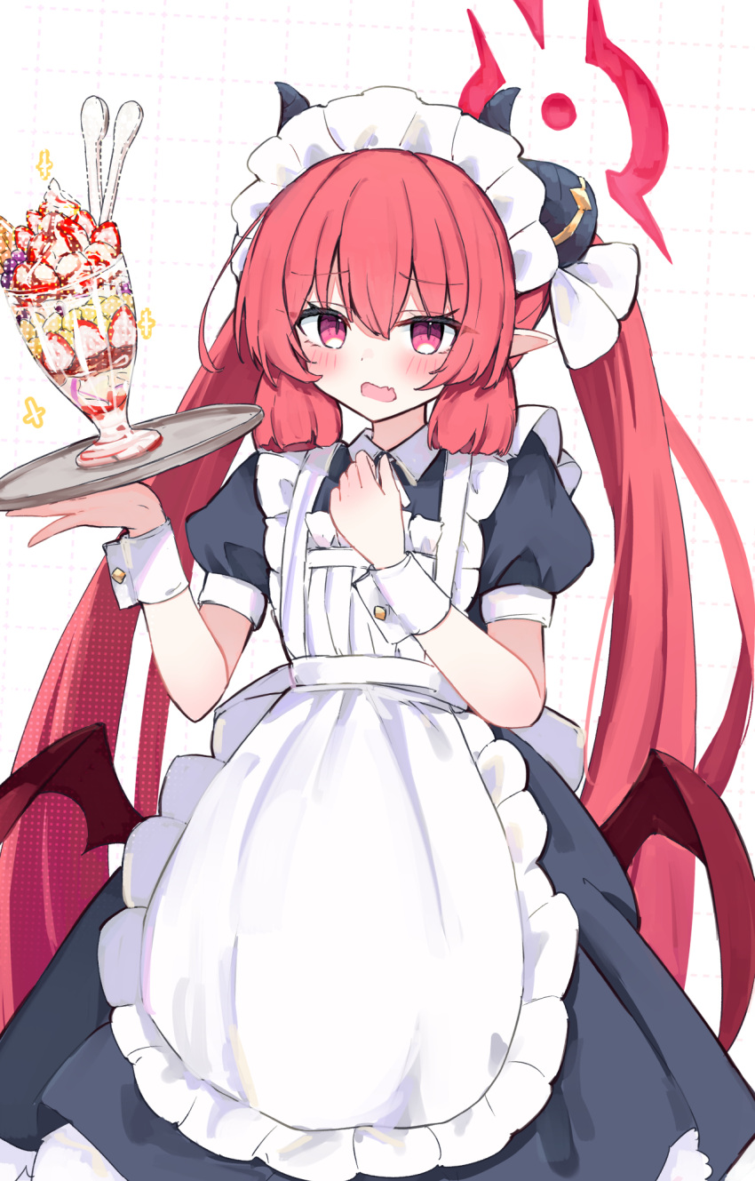 1girl alternate_costume apron black_dress blue_archive blush dress enmaided fang food frilled_apron frills hair_between_eyes halo highres holding holding_tray junko_(blue_archive) long_hair maid maid_apron maid_headdress open_mouth parfait pointy_ears red_eyes red_halo redhead sateto_(user_knrf2332) skin_fang solo tray twintails white_apron wrist_cuffs