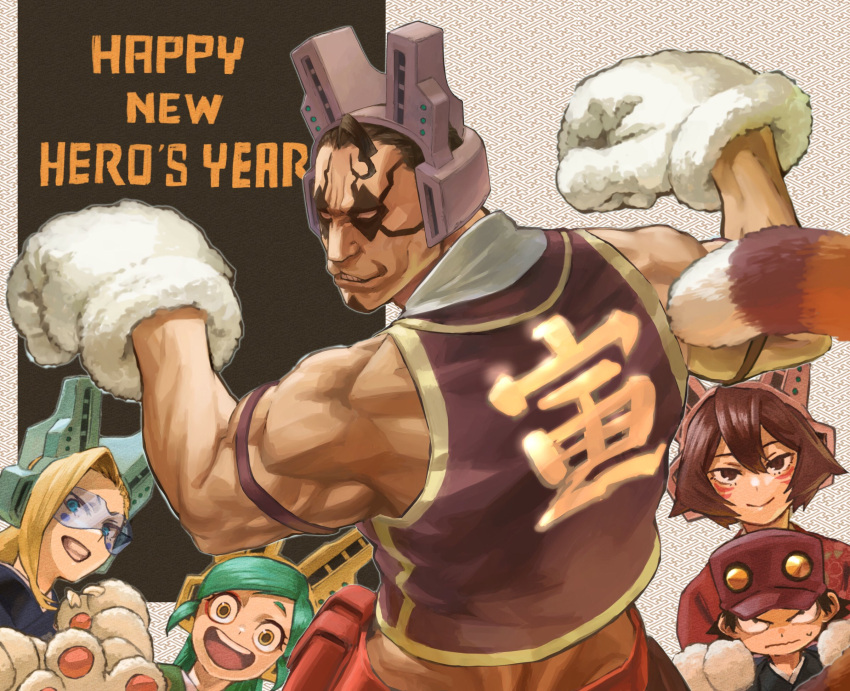 2boys 3girls animal_hands bare_shoulders baseball_cap boku_no_hero_academia cat_paws cat_tail character_request cheekbones child cropped_shirt eye_mask facial_hair flexing goatee goggles green_hair grin happy_new_year hat highres long_hair loose_hair_strand multiple_boys multiple_girls muscular muscular_male paw_pose sleeveless smile tail triceps yomoyama_yotabanashi