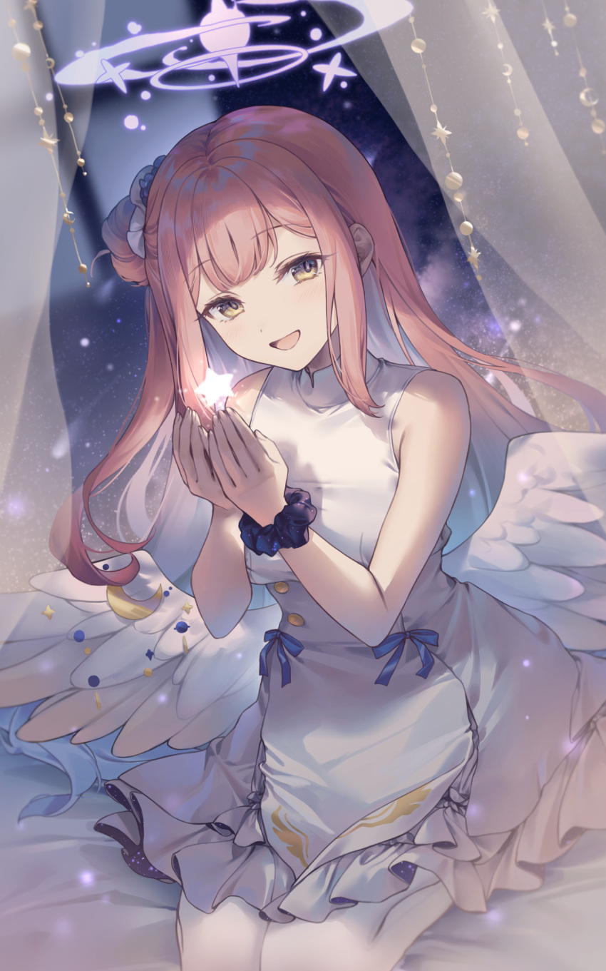1girl angel_wings black_scrunchie blue_archive blunt_bangs blush breasts curtains dress feathered_wings frilled_ribbon frills hair_bun halo highres holding holding_hands large_breasts long_hair looking_at_viewer low_wings mika_(blue_archive) pink_hair pink_halo ribbon scrunchie shiidap single_side_bun smile solo star_(symbol) tea_party_(blue_archive) white_dress white_wings wing_ornament wings wrist_scrunchie yellow_eyes