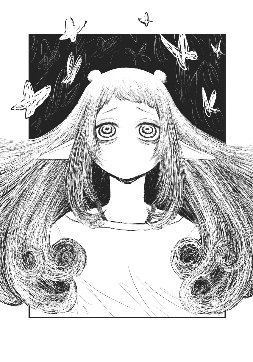 1girl absurdres border bug butterfly dizzy_dokuro greyscale highres long_hair looking_at_viewer monochrome nao_(gzyr5258) no_mouth outside_border phase_connect pointy_ears shirt sketch solo upper_body virtual_youtuber white_border