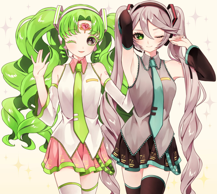 2girls ;) ;d ao_(ao0_0nemu) arm_up armpits bad_id bad_twitter_id bare_shoulders black_sleeves blue_necktie closed_mouth collared_shirt colored_eyelashes commentary_request cosplay cowboy_shot detached_sleeves falulu falulu_(awakened) forehead_jewel green_eyes green_hair green_necktie grey_eyes grey_hair grey_shirt hair_between_eyes hands_up hatsune_miku hatsune_miku_(cosplay) headphones headset highres long_hair looking_at_viewer miniskirt multiple_girls necktie one_eye_closed open_hand open_mouth parted_bangs pink_skirt pleated_skirt pretty_series pripara shikyoin_hibiki shirt sidelocks skirt sleeveless sleeveless_shirt smile standing thigh-highs twintails very_long_hair vocaloid white_shirt