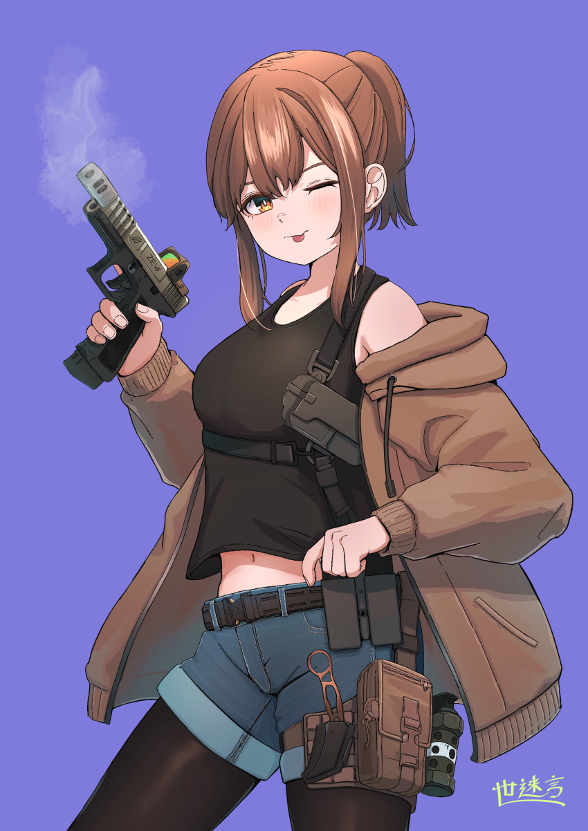 1girl absurdres ammunition_pouch artist_name belt black_belt black_shirt black_thighhighs blue_shorts breasts brown_hair brown_jacket casual chest_strap commentary commission explosive grenade gun handgun highres holding holding_gun holding_weapon holster jacket knife_sheath looking_at_viewer medium_breasts navel okapi_(yomaigoto) one_eye_closed orange_eyes original pixiv_commission pouch scope sheath shirt shorts solo thigh-highs tongue tongue_out weapon