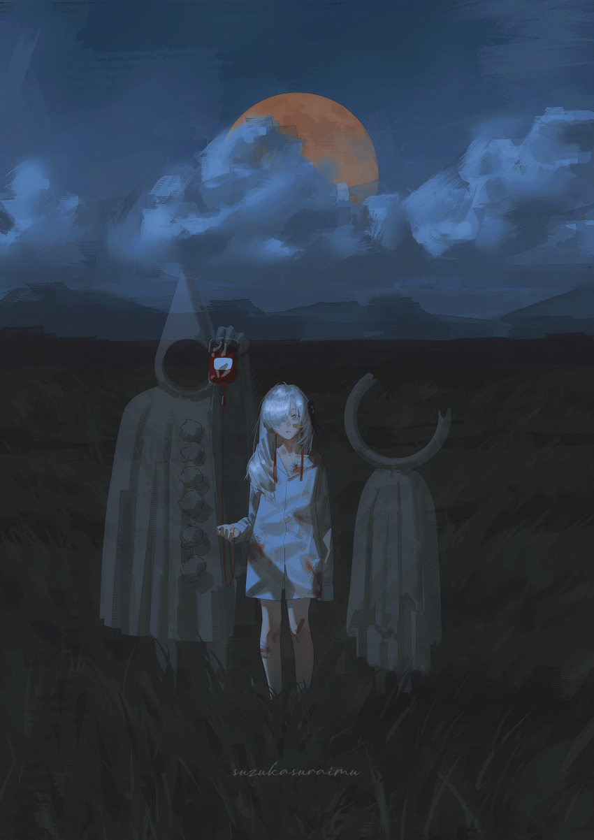 1girl 1other absurdres arm_at_side bandaid bandaid_on_cheek bandaid_on_face blood blood_bag blood_on_clothes blood_on_face cloak closed_mouth clouds cloudy_sky collarbone face_in_shadow field frown full_body full_moon ghost grass grey_eyes grey_hair hair_over_one_eye hand_up highres hood hood_up hooded_cloak intravenous_drip isekai_joucho kamitsubaki_studio long_sleeves looking_at_viewer moon mountainous_horizon night night_sky no_pants one_eye_covered orange_moon outdoors signature sky straight-on suzukasuraimu