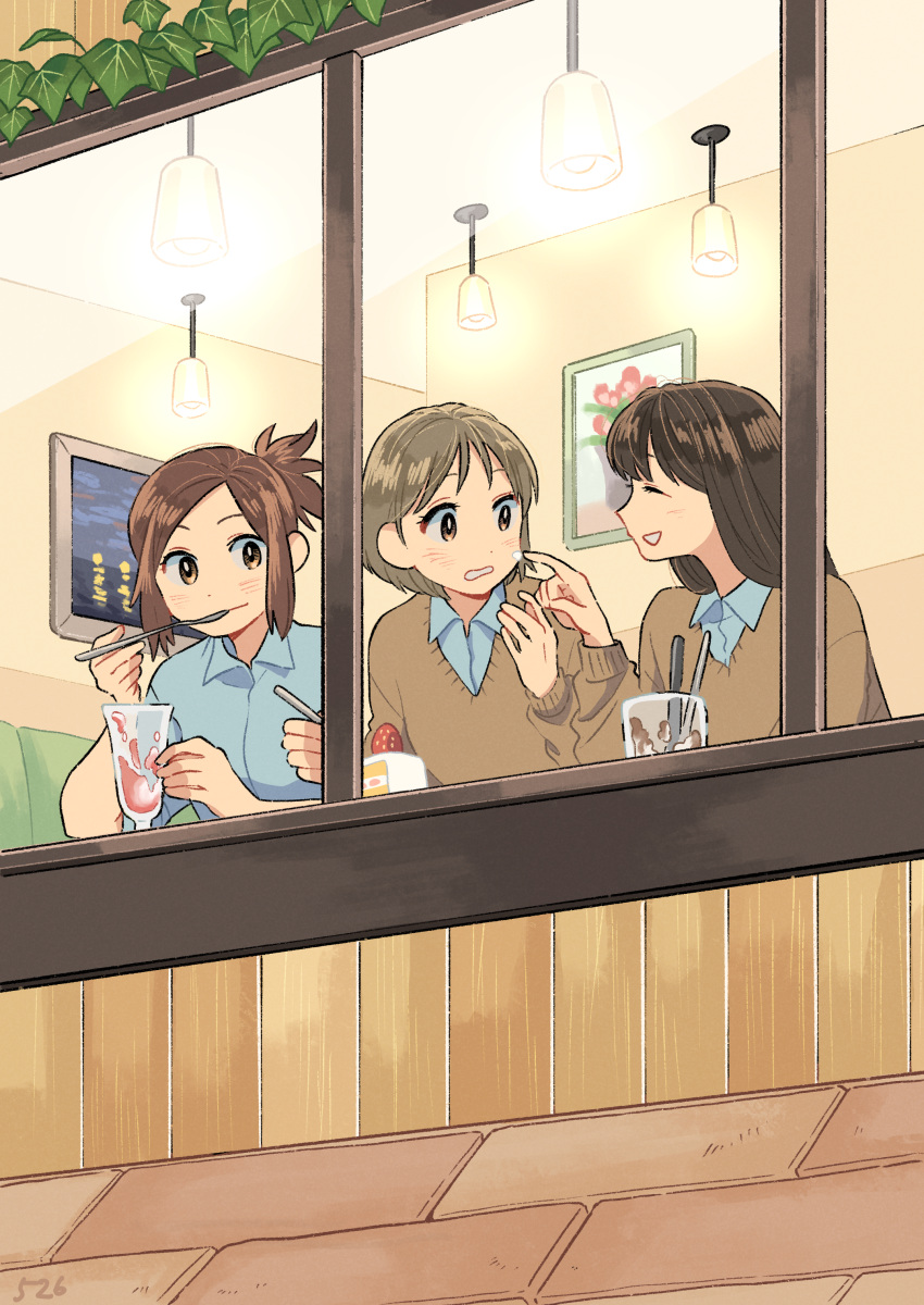 3girls ^_^ absurdres blue_shirt blush brown_cardigan brown_eyes brown_hair cake cardigan closed_eyes closed_mouth collared_shirt commentary_request eating finger_to_cheek food food_on_face from_outside hand_up highres holding holding_spoon indoors kojiro337 laughing light_brown_hair long_hair looking_at_another multiple_girls open_mouth original painting_(object) parfait ponytail school_uniform shirt short_hair sitting smile spoon strawberry_shortcake teeth upper_body window