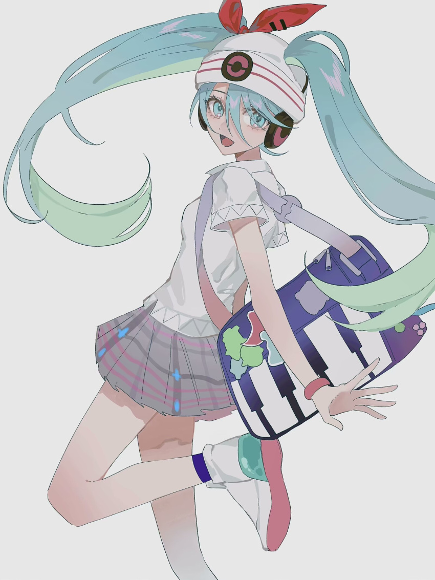 1girl bag blue_eyes blue_hair bracelet gradient_hair green_hair hair_through_headwear hat hatsune_miku headphones highres jewelry long_hair looking_at_viewer looking_back multicolored_hair open_mouth plaid plaid_skirt pokemon project_voltage psychic_miku_(project_voltage) shoes short_sleeves skirt smile sneakers socks solo standing standing_on_one_leg sushisushi_iiii twintails very_long_hair vocaloid