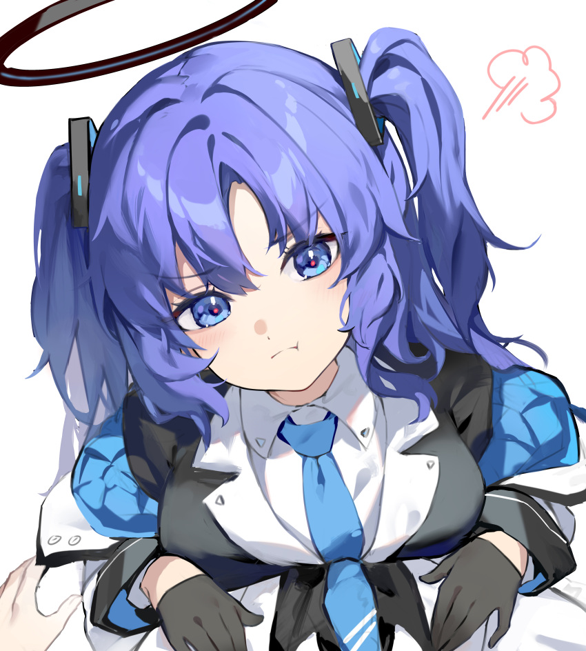 1girl 1other absurdres black_gloves blue_archive blue_eyes blue_necktie blush breasts closed_mouth collared_shirt gloves halo highres jacket large_breasts long_hair long_sleeves looking_at_viewer mechanical_halo necktie purple_hair sakanafish shirt simple_background solo_focus suit two-sided_fabric two-sided_jacket two_side_up white_background white_jacket white_shirt yuuka_(blue_archive)