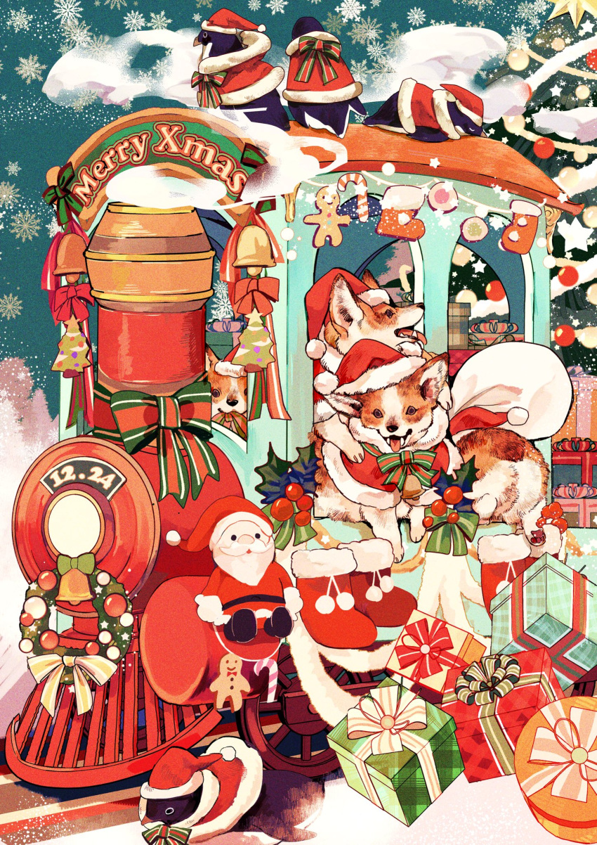animal animal_focus bell bird bow box candy candy_cane capelet christmas christmas_stocking christmas_tree christmas_wreath closed_eyes clothed_animal dog food fur-trimmed_capelet fur-trimmed_headwear fur_trim gift gift_box gingerbread_man hat highres holly locomotive merry_christmas no_humans original penguin red_bow red_capelet santa_claus santa_hat snowflakes steam steam_locomotive tonbippo08 tongue tongue_out u_u winter wreath