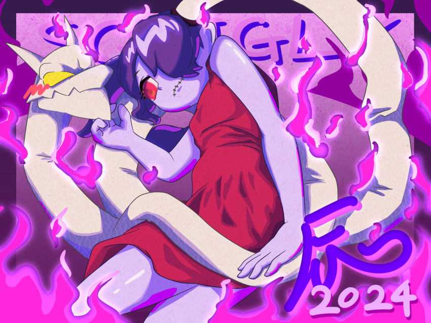 1girl 2024 bare_arms blue_skin blush bone border character_name closed_mouth colored_skin commentary cowboy_shot dress english_commentary fire hair_over_one_eye hand_on_another's_chin highres leviathan_(skullgirls) looking_at_another lying new_year object_through_head on_side pink_background purple_border purple_fire red_dress red_eyes short_hair side_ponytail signature skullgirls smile solo squigly_(skullgirls) stitched_mouth stitches stroking_another's_chin tsuchan_(tsubasa) yellow_eyes zombie
