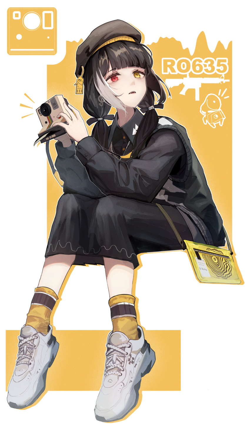 1girl absurdres banana_(girls'_frontline) black_hair black_shirt black_skirt black_vest camera character_name collared_shirt dinergate_(girls'_frontline) girls_frontline heterochromia highres holding holding_camera invisible_chair kotowaza long_hair long_sleeves looking_to_the_side multicolored_hair official_alternate_costume open_mouth polaroid red_eyes ro635_(girls'_frontline) ro635_(monochrome_jungle_bird)_(girls'_frontline) shirt shoes sitting skirt sneakers socks solo twintails two-tone_hair vest white_hair white_sneakers yellow_eyes yellow_socks