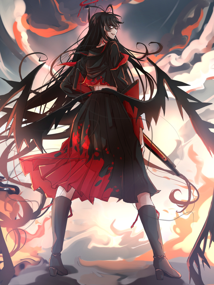 1girl antenna_hair black_footwear black_hair black_serafuku black_shirt black_skirt black_wings blood blood_halo blood_on_clothes blue_archive boots choker gun halo highres holding holding_gun holding_weapon komena_(shinyday312) long_hair looking_at_viewer low_wings red_choker red_halo rifle school_uniform serafuku shirt shoes skirt smile sniper_rifle solo thigh_boots tsurugi_(blue_archive) weapon wings