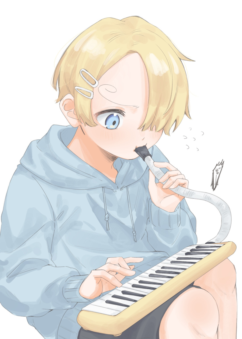 1boy aged_down black_shorts blonde_hair blue_eyes blue_hoodie child commentary curly_eyebrows hair_ornament hair_over_one_eye hairclip highres hood hood_down hoodie instrument keyboard_(instrument) lily-summer-0607 long_bangs looking_at_object looking_down male_focus melodica music one_piece playing_instrument sanji_(one_piece) short_hair shorts simple_background sitting translated white_background