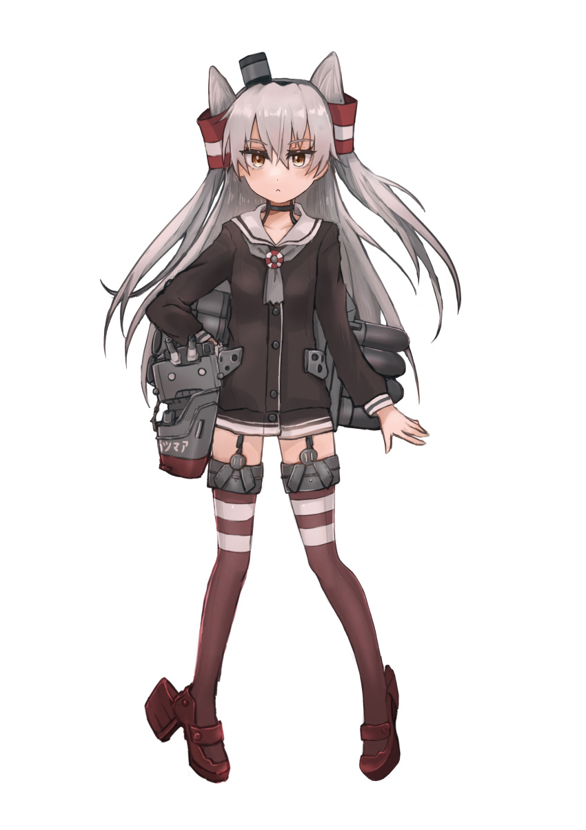 1girl absurdres amatsukaze_(kancolle) brown_dress brown_eyes dress full_body garter_straps gloves grey_hair hair_tubes hat highres kantai_collection lifebuoy_ornament long_hair mini_hat red_thighhighs rensouhou-kun rigging sailor_dress short_dress simple_background single_glove smokestack_hair_ornament solo striped_clothes striped_thighhighs thigh-highs two_side_up very_long_hair white_background yig_(517995842)